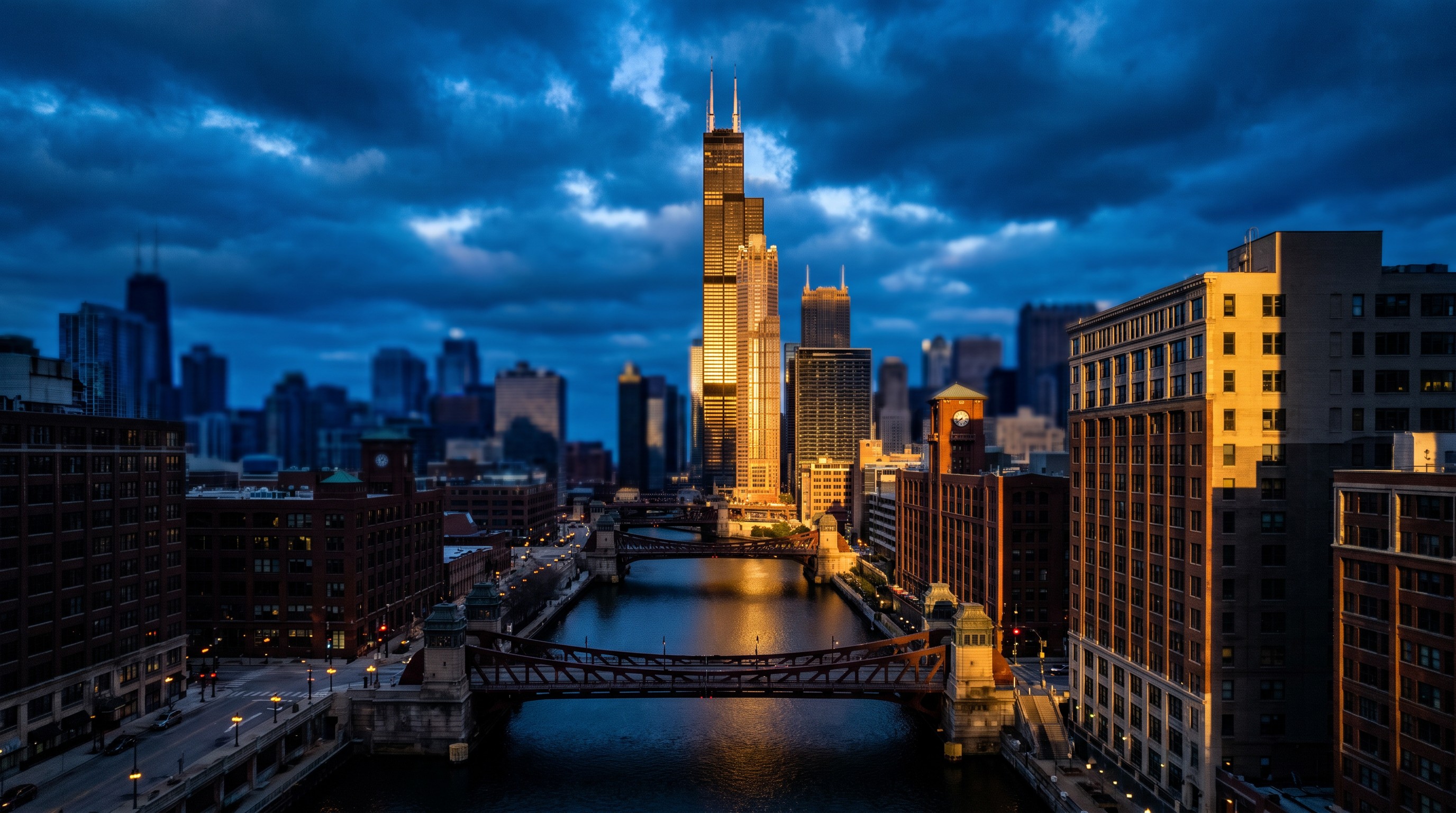 The Chicago River at blue hour, looking toward the Willis Tower.